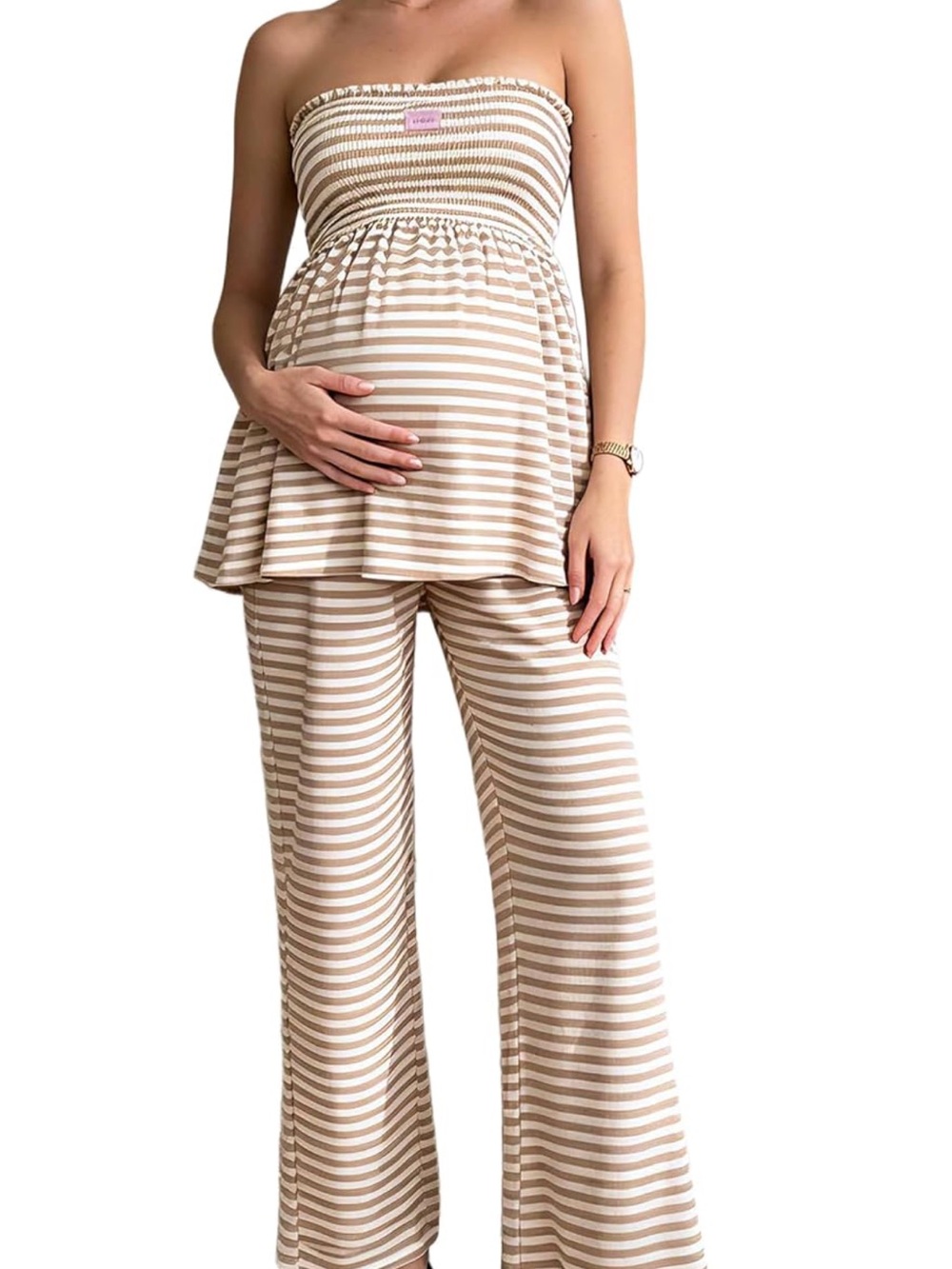 Striped Beige & Cream Two-Piece Maternity Wide-Leg Pant Set size small